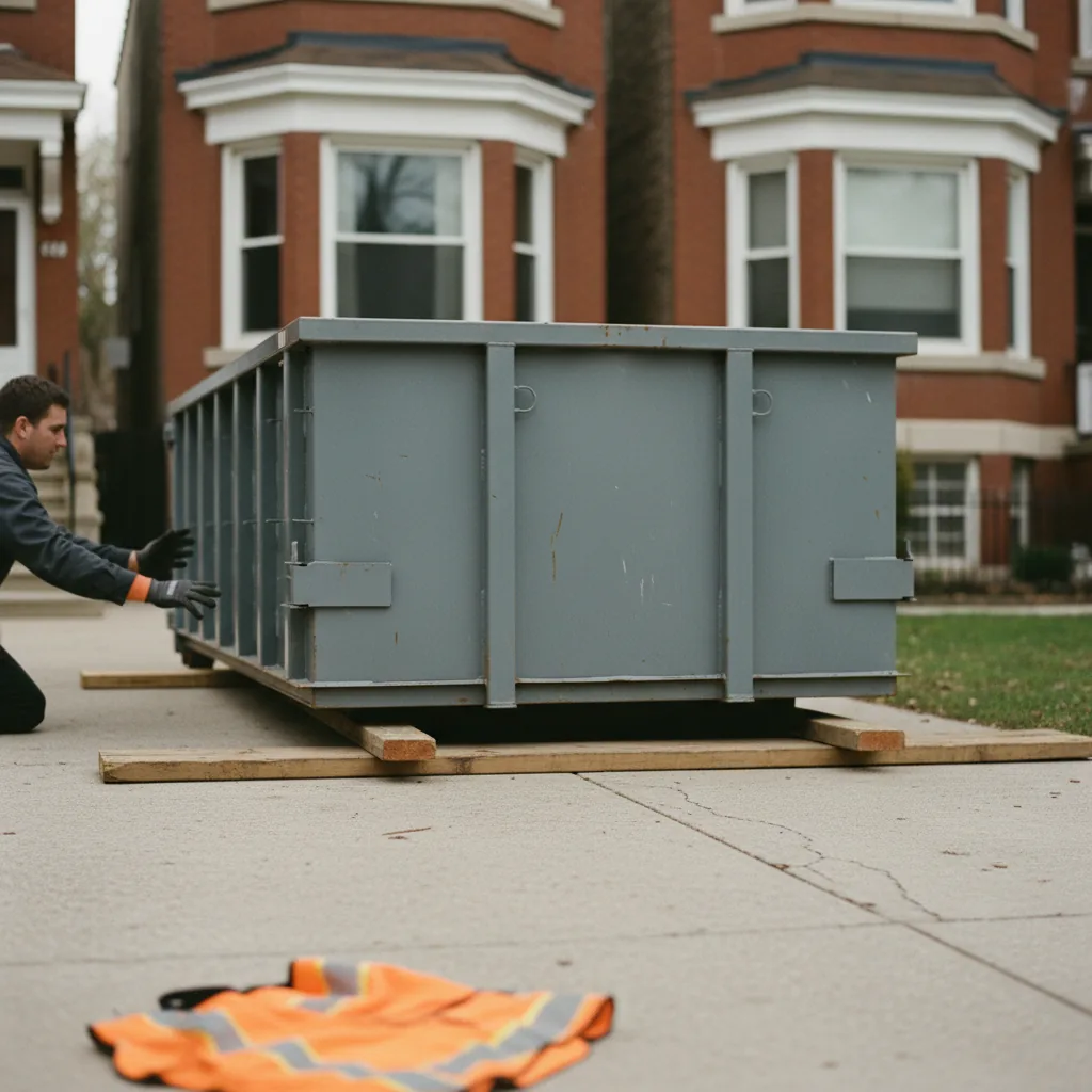 Roll-off dumpster being delivered to a Chicago home driveway